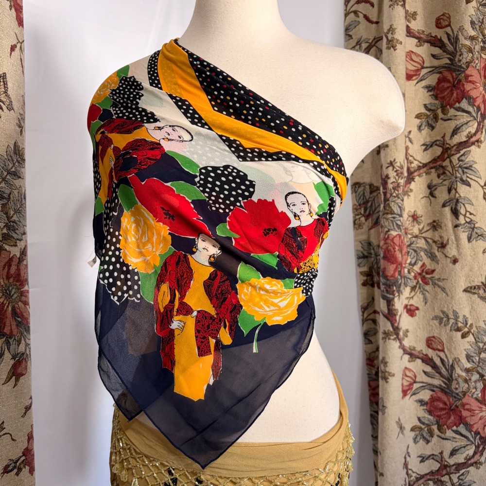 Vintage Silk Made in France Graphic Art Floral Polka Dot Square Scarf Sheer Navy